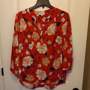 Katherine Barclay, Red Floral, Sz L, Long Sleeve with Button Closure, Silky, EUC